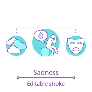 悲伤概念图标。抑郁症的想法薄线例证。倦怠。不快乐的人。矢量隔离轮廓图。可编辑描边