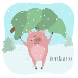 一只可爱的猪养着绿色的冷杉树。圣诞节和新年例证与2019年文本。完美的儿童卡, 海报, 横幅, 书籍插图和其他设计项目。矢量 e