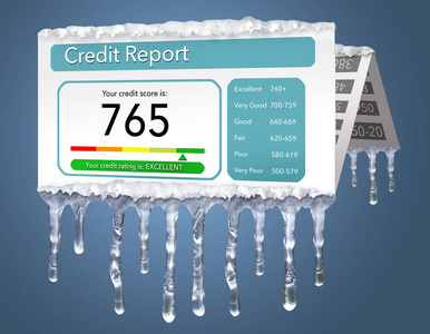 信用冻结, 或冻结您的信用报告是代表冰柱和雪在一个模拟信用报告孤立的背景。这是一个例子