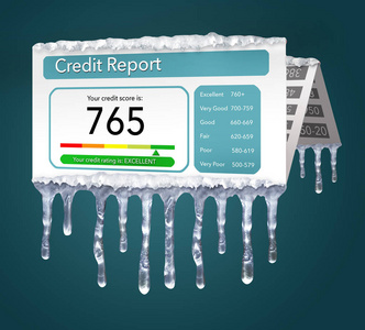 信用冻结, 或冻结您的信用报告是代表冰柱和雪在一个模拟信用报告孤立的背景。这是一个例子