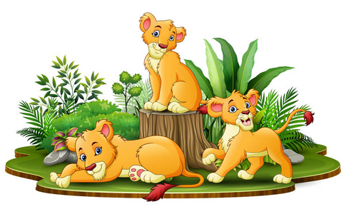 小组狮子动画片在公园与绿色植物