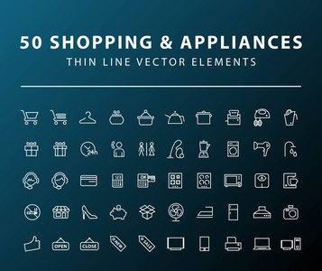 50 最小的细线购物和家电图标在深色背景上的一套。孤立的向量元素