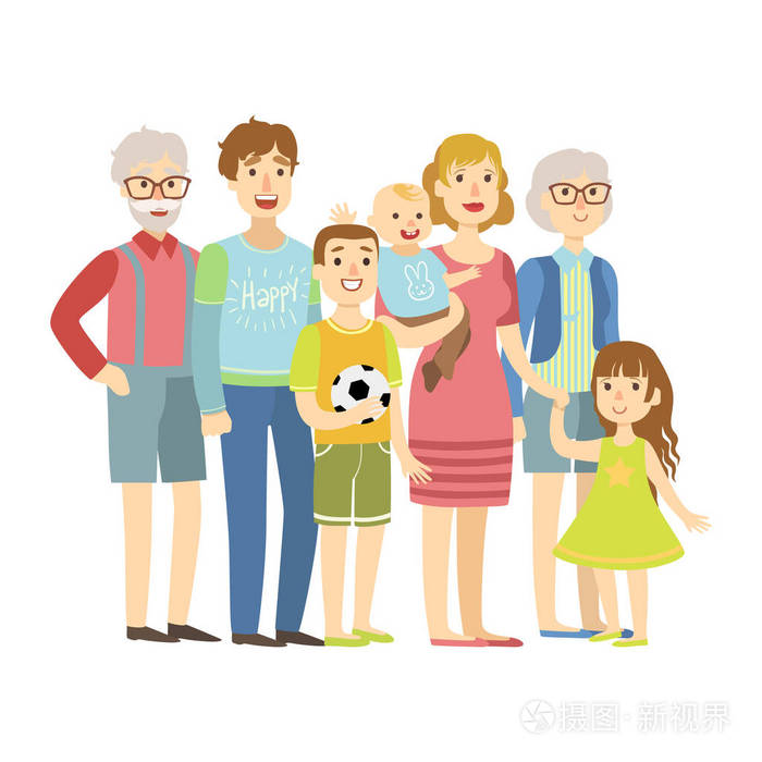 全部家庭与父母, 祖父母和两个孩子,从快乐爱心家庭系列图