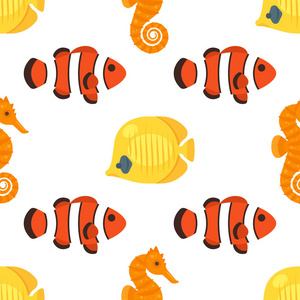 红色和黄色的鱼矢量平面样式无缝模式