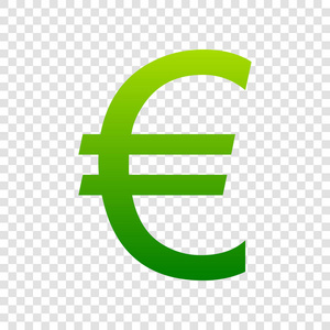 欧元符号。矢量。在透明背景上的绿色渐变图标