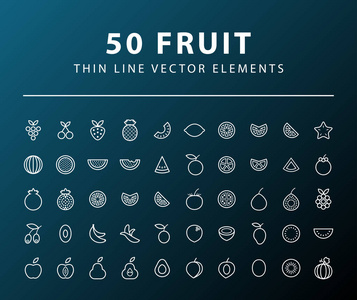 在深色背景上 50 个最小的细线水果图标集。孤立的向量元素