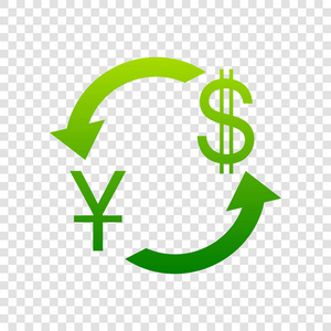 货币汇率的标志。中国和美国美元。矢量。在透明背景上的绿色渐变图标