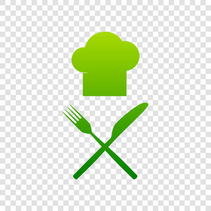 厨师用刀和叉的标志。矢量。在透明背景上的绿色渐变图标
