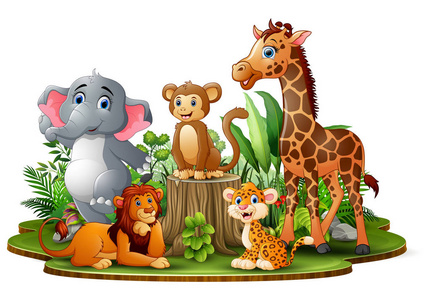 愉快的动物动画片在公园与绿色植物照片