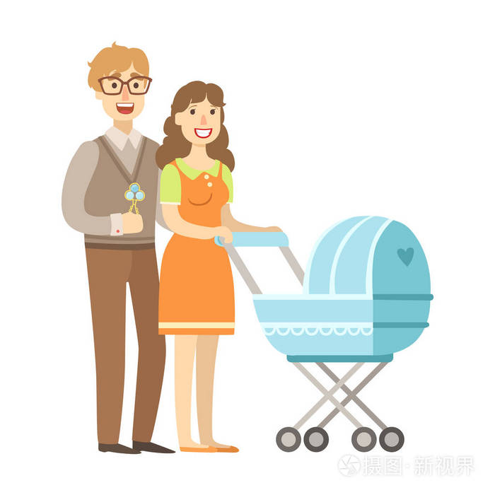 年轻的父母与婴儿推车,从快乐爱心家庭系列插图散步