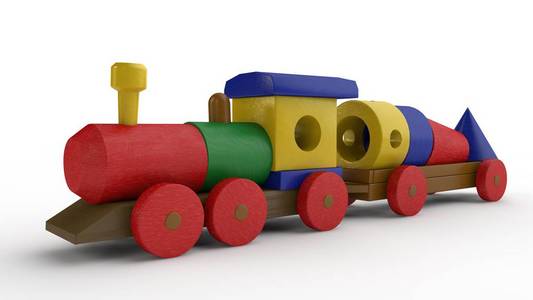 3d 一个木制玩具的例子, 一辆有汽车的火车和设计师的细节。玩具木元素, 运输设计师, 童年的理念, 礼物, 发展。白色背景上的