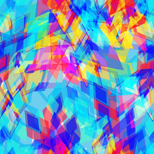抽象几何无缝图案与菱形和辉煌的装饰几何抽象当代元素。黄色紫色粉红色蓝色水的几何图案, 民族嬉皮士新潮背景。向量例证