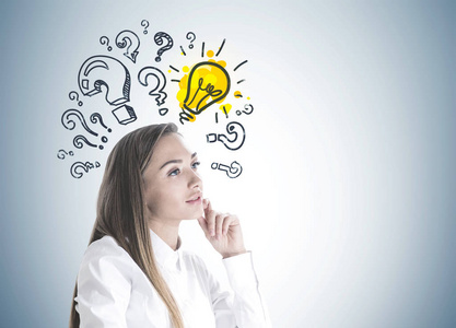 企业背景墙侧面的启发年轻的女商人与长期公平的头发穿着白色衬衫考虑