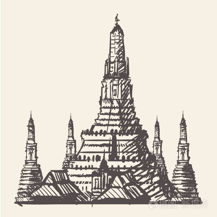 寺庙在曼谷泰国手绘, 矢量插图.曼谷的阿朗大酒店