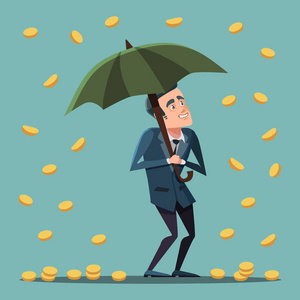 卡通商人站在伞下钱雨.商业上的成功.矢量图照片