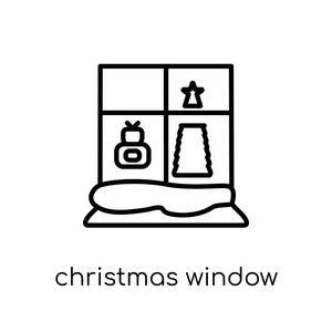 圣诞窗口图标。时尚现代平面线性向量圣诞节窗口图标在白色背景从细线圣诞节汇集, 概述向量例证