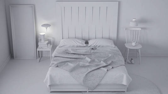 全白工程的当代卧室, 床与木制床头板, 斯堪的纳维亚白色生态别致的设计, 顶视图