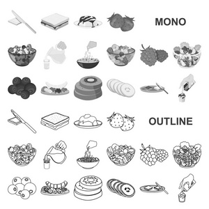 甜点芳香单色图标集合为设计。食物和甜味向量符号股票网页插图