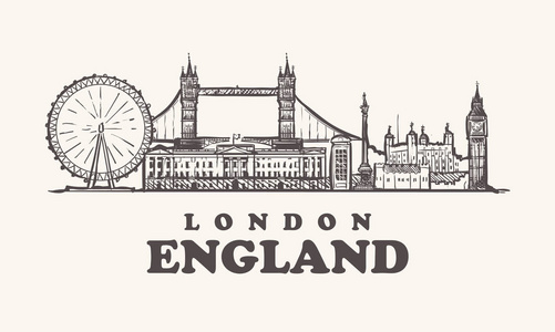 伦敦天际线, 英国复古向量例证, 伦敦城市的手绘元素大厦, 在白色背景