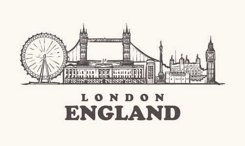 城市天际线手绘伦敦天际线, 英国复古向量例证, 伦敦城市的手绘元素