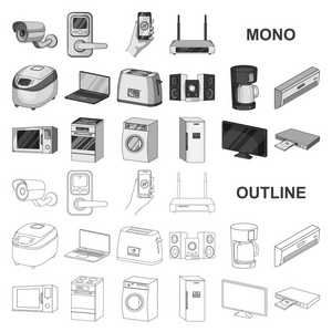 智能家电单色在集合中用于设计的图标。现代家电矢量符号股票网页插图