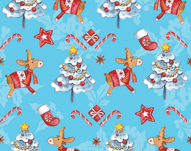 无缝的水彩图案。圣诞节元素的形式鹿, 礼物, 康乃馨, 星星和装饰圣诞树的蓝色背景。美丽的背景和壁纸