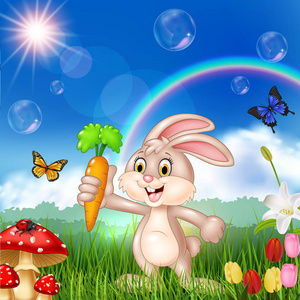 卡通可爱的兔子拿着一根胡萝卜