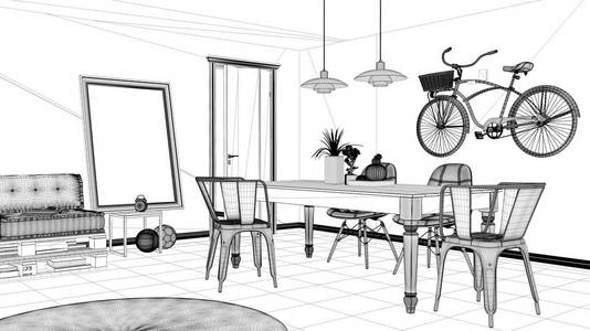 室内设计项目, 黑白墨水素描, 建筑蓝图显示简约的客厅与沙发和餐桌, 简约的建筑