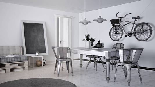 未完成的项目草案的斯堪的纳维亚简约客厅与沙发和老式餐桌, 当代建筑室内设计