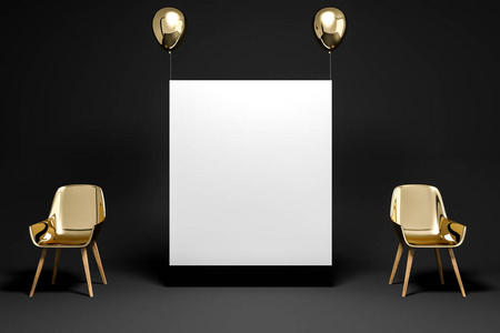 两张金色的椅子站在一个黑色的房间里, 上面挂着金色气球的垂直模拟海报。观念和创造性。3d 渲染