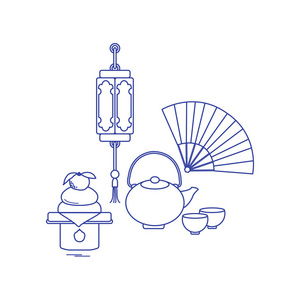 东部新年标志。中国灯笼, 壶有两个杯子, 扇子, kagami 年糕。不同国家的节日传统
