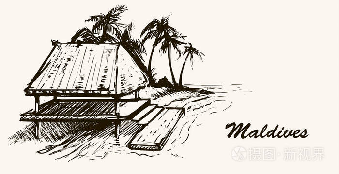 海边的房子在海滩上马尔迪维里. 手绘的马尔代夫素描图.