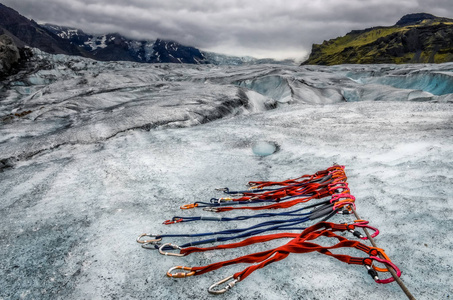 vatnajokull 冰川的风景与攀登绳索的细节, 冰岛, 欧洲