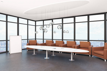 白色会议室内有城市景观和家具。3d 渲染