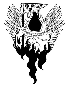 向量手绘的死亡的例证与比萨饼的片.创意纹身艺术品.
