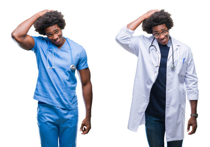 非洲裔美国年轻外科医生,护士,医生在孤立背景上的困惑和疑惑问题.