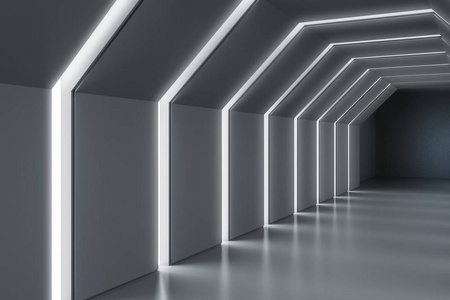 灰色六角隧道的侧面视图, 在未来的办公室大堂内有发光的天花板。设计思想和架构的概念。3d 渲染