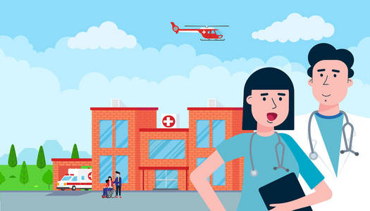 医院大楼, 医生, 护士, 轮椅妇女, 救护车车, 直升机和房照片