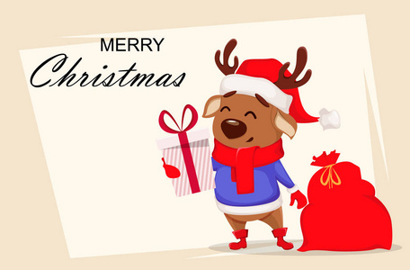 圣诞快乐贺卡与可爱的鹿戴着圣诞老人的帽子和围巾。愉快有趣的卡通人物拿着礼品盒和站在旁边的袋子与礼物。向量例证
