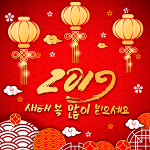 2019年亚洲传统韩国人祝愿象形文字翻译新年快乐, 中国灯笼, 东方亚洲韩国韩国日本的背景图案元素。网页背景, 华丽的圈子, 花