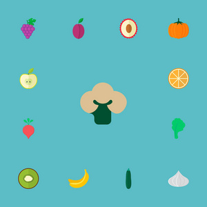 一套甜点图标扁平风格的符号与沙拉, 南瓜, 黄瓜和其他图标为您的网络移动应用程序标志设计