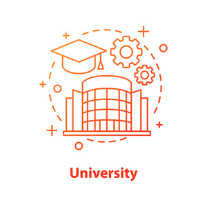 大学概念图标。高等教育理念细线例证。学生毕业帽, 齿轮, 大学建设。矢量轮廓图