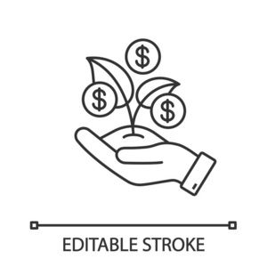 种子钱线性图标。种子资金, 资本。细线插图。手拿着一元硬币发芽。早期投资。融资预算编制。矢量隔离轮廓绘图。可编辑笔画