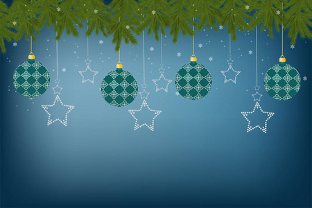 美丽的节日贺卡与装饰装饰玩具与球和星星在蓝色背景和圣诞树树枝为新的一年和圣诞节与雪花