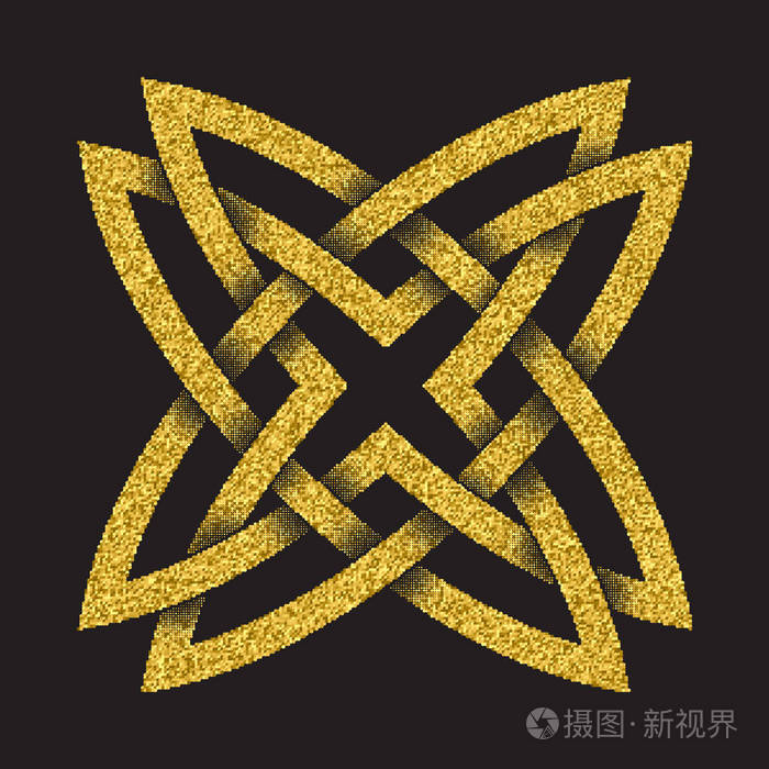 在黑色背景上凯尔特人风格的金色闪闪发光的标志符号四尖星形的部落