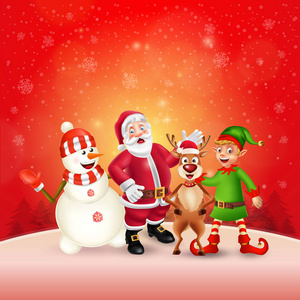 可爱的卡通圣诞人物。圣诞老人, 雪人, 驯鹿和精灵在红色的雪现场与文本的地方。圣诞节和新年快乐贺卡