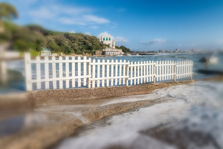 冬季风暴打击的海滩。波浪和风