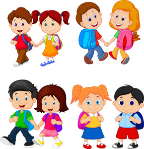 动画片学校孩子的向量例证与背包照片