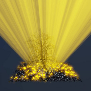 孤独的树, 没有叶子在雾中或雾中点燃明亮的橙色太阳神的光线在太空中被黑色的球体, 盒子和明亮的光发光的立方体包围。概念3d 插图