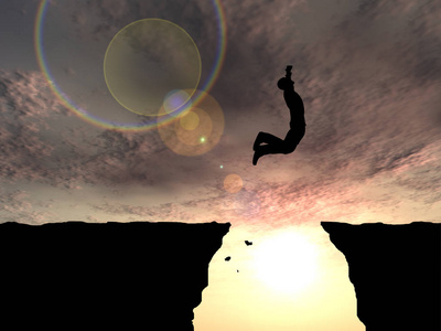 男子跳过悬崖男子跳过悬崖愉快的商业人跳过悬崖飞驰过山洞的马登上